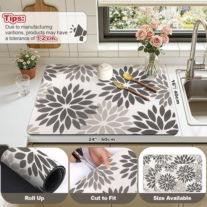 Findosom Floral Dish Drying Mat, 16" x 24" Super Absorbent & Hide Stain Coffee Mat, Cuttable Drying Mat for Kitchen Counter, Under Dish Rack, Coffee Maker, Espresso Machine, Dark Gray