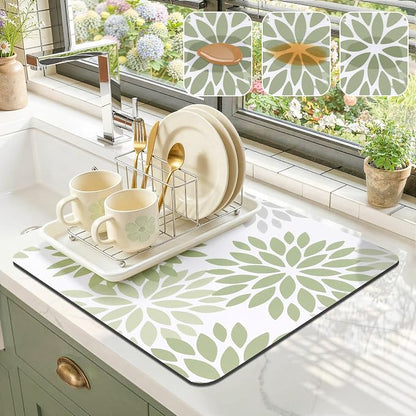 Findosom Floral Dish Drying Mat, 16" x 18" Super Absorbent & Hide Stain Coffee Mat, Cuttable Drying Mat for Kitchen Counter, Under Dish Rack, Coffee Maker, Espresso Machine, Sage Green