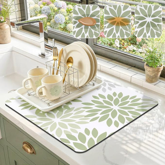 Findosom Floral Dish Drying Mat, 16" x 18" Super Absorbent & Hide Stain Coffee Mat, Cuttable Drying Mat for Kitchen Counter, Under Dish Rack, Coffee Maker, Espresso Machine, Sage Green