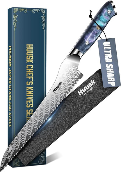 Huusk Serrated Bread Knife 8", Stainless Sourdough Bread Knife with Resin Handle & Cover for Homemade Breads Slicing, Hand Sharpened Breads Cutting Knives for Cake, Bagels, Baguettes, Gift Box