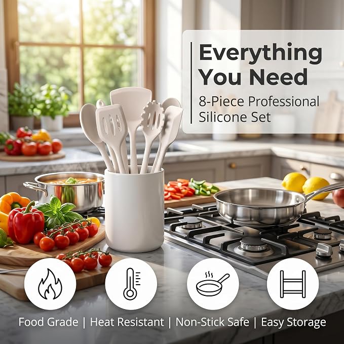 LIANYU Non-Toxic Silicone Kitchen Utensils Set, 8 Piece Non-Scratch Cooking Spoons & Spatulas, Stainless Steel Core, Heat Resistant & Dishwasher Safe, Khaki