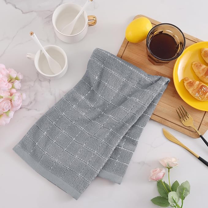 Mordimy 100% Cotton Terry Cloth Kitchen Towels, Super Soft and Absorbent Dish Towels for Drying, Checkered Designed Hand Towels for Kitchen, 13 x 28 Inches, 4 Pack, Light Grey