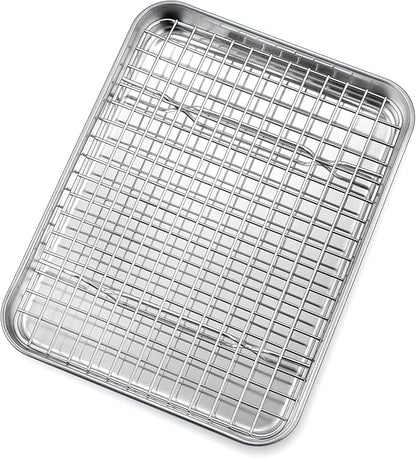 P&P CHEF 10.4 Inch Toaster Oven Pan with Rack Set, Stainless Steel Baking Pan Tray and Grid Cooling Rack for Cooking/Roasting, Dishwasher Safe & Easy to Clean, Non-toxic & Sturdy, (2Pcs)