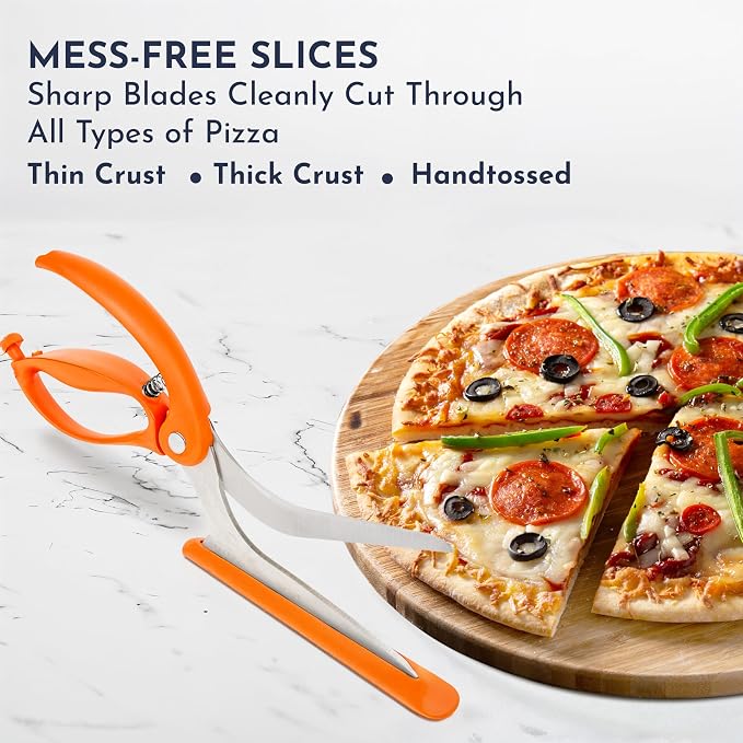 Orange Pizza Scissors - Non-Stick Pizza Scissors with Firm Grip Base - Food Grade Stainless Steel Pizza Cutter - 5-in-1 Food Slicer & Pizza Server - Durable, Safe & Mess Free
