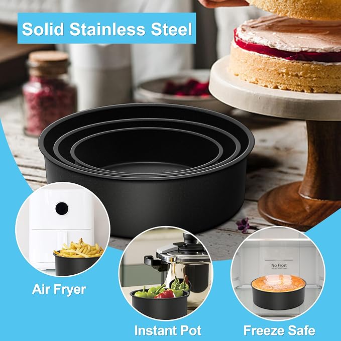 E-far Deep Cake Pan Set of 3 (6/8/9½ Inch), Nonstick Stainless Steel Round Cake Pans Tins for Baking Layer Wedding Cakes, Stainless Steel Core & Nontoxic Coating, Deep & Straight Side