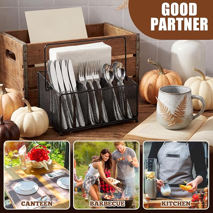 Utensil Caddy for Party, Utensil Organizer Silverware Caddy, 4 Compartment Metal Cutlery Organizer, Fork Spoon Napkin Plate Basket for Kitchen Countertop Buffet Outdoor BBQ Camping Picnic
