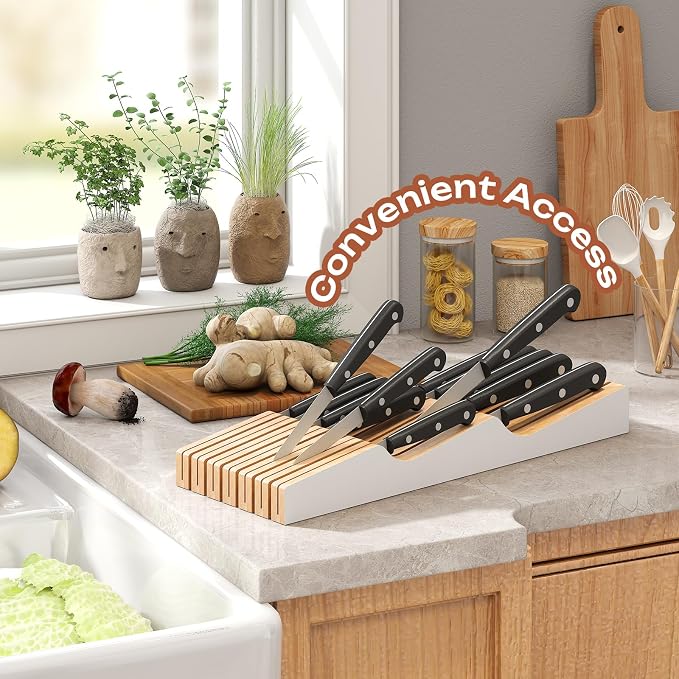 In-Drawer Knife Block Organizer - Bamboo Wood Drawer Knife Organizer-Protecting Knife Organizer Block (Not Included) (White, 13 Knives Dock)