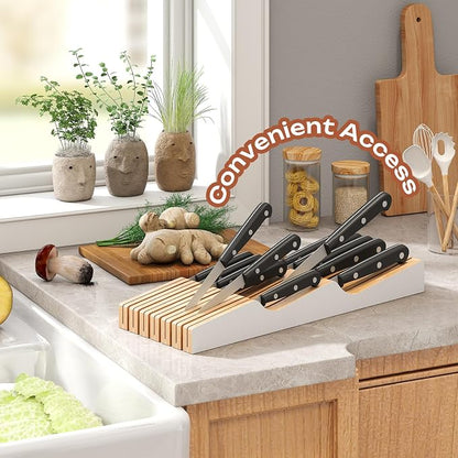 In-Drawer Knife Block Organizer - Bamboo Wood Drawer Knife Organizer-Protecting Knife Organizer Block (Not Included) (White, 13 Knives Dock)