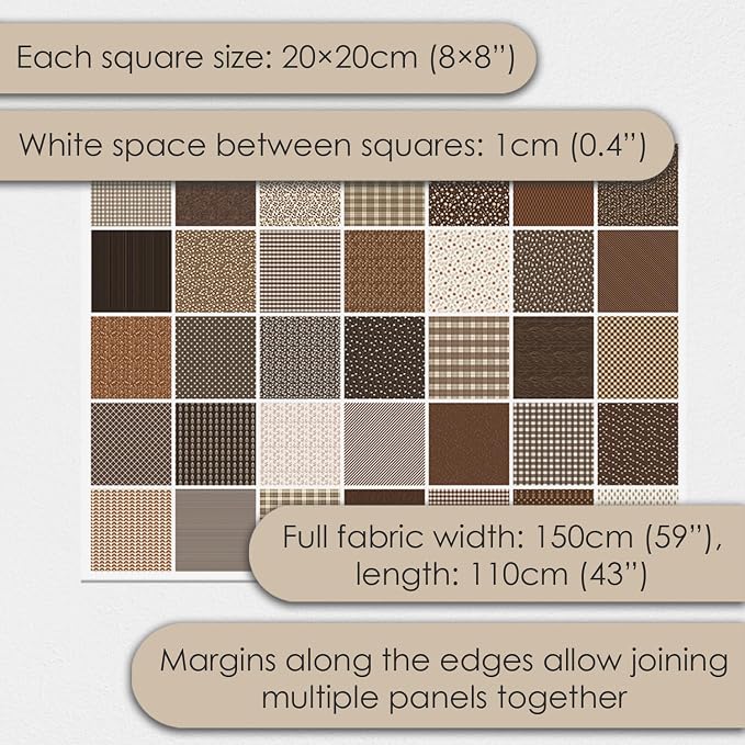 Cotton Satin Patchwork Fabric Panel – 35 Designs, 20×20 cm Squares, Single Piece 150×110 cm, Brown Patchwork Quilt Fabric (Autumn Brown Patchwork Set, 35pcs 8x8 inch)