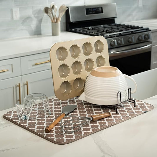 S&T INC. Dish Drying Mat XL, 18” x 24”, Absorbent Microfiber Kitchen Counter Mat, Dish Drying Pad for Dishes, Utensils, Pots and Pans, Extra Large, Taupe Trellis