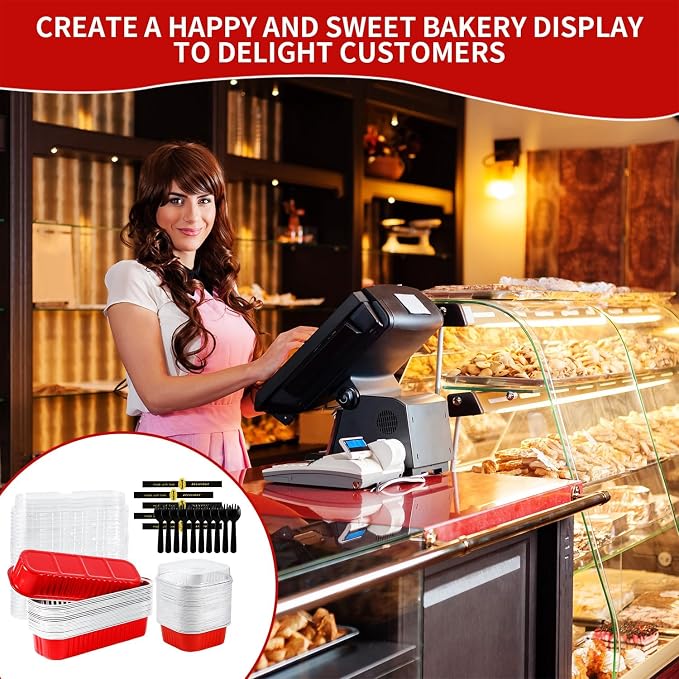 100PCS Red Mini Loaf Pan with Lids and Spoons 6.8oz Rectangular Aluminum Foil Bread Pan 10oz Square Cake Cup with Decal Disposable Baking Supply for Graduate Wedding Birthday