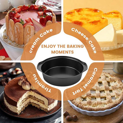 BEWOS 6 Inch Cake Pan Set - 3 Pcs Carbon Steel Round Cake Pans with 100 Pcs Parchment Paper, Round Cake Pans, Nonstick Baking Pans Set with Handle, Dishwasher Safe