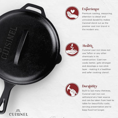 Cuisinel 12" + 10" + 8"-Inch Cast Iron Skillets Set with Braiser Lids + Silicone Handle Grips + Pan Scraper - Indoor/Outdoor Pre-Seasoned Kitchen Cookware - Oven, Fire, Stove Safe