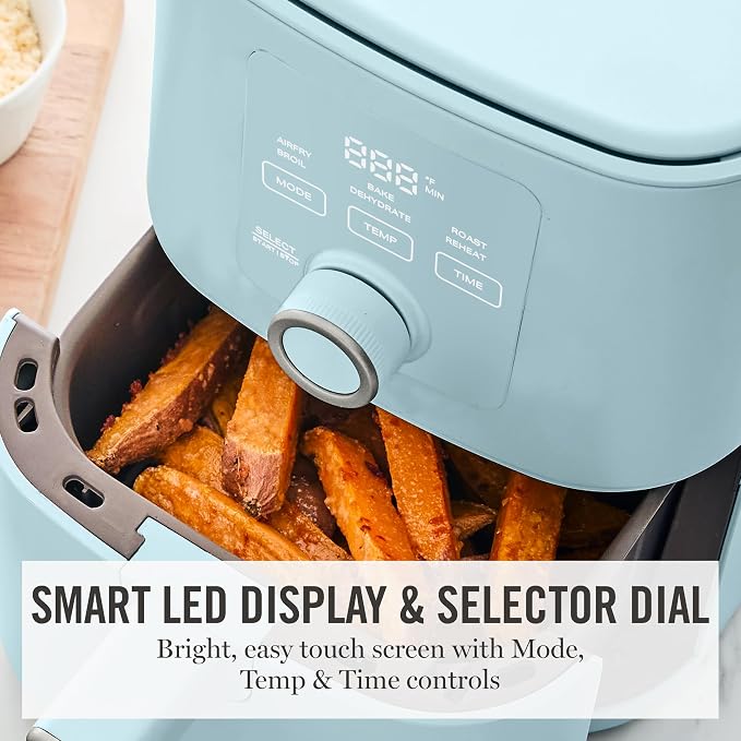 Martha Stewart 6QT Air Fryer, 6-in-1, Bake, Broil, Roast, Air Fry, Dehydrate, Reheat, Ceramic Non-Stick Basket, Crispy Results Fast, 400°F Max Temp, Shake Reminder, Sky Blue