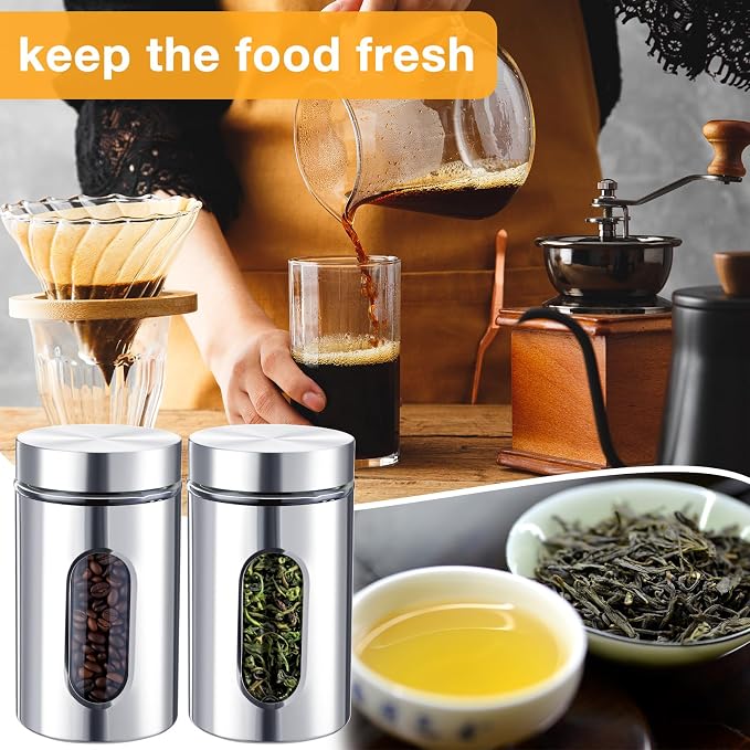 Mimorou 3 Pcs Stainless Steel Canister Set with Glass Windows Visible Storage Jars Silver Kitchen Canister Set for Pasta Flour Oat Sugar Container, Kitchen Tools, Housewarming Gifts(32 oz)