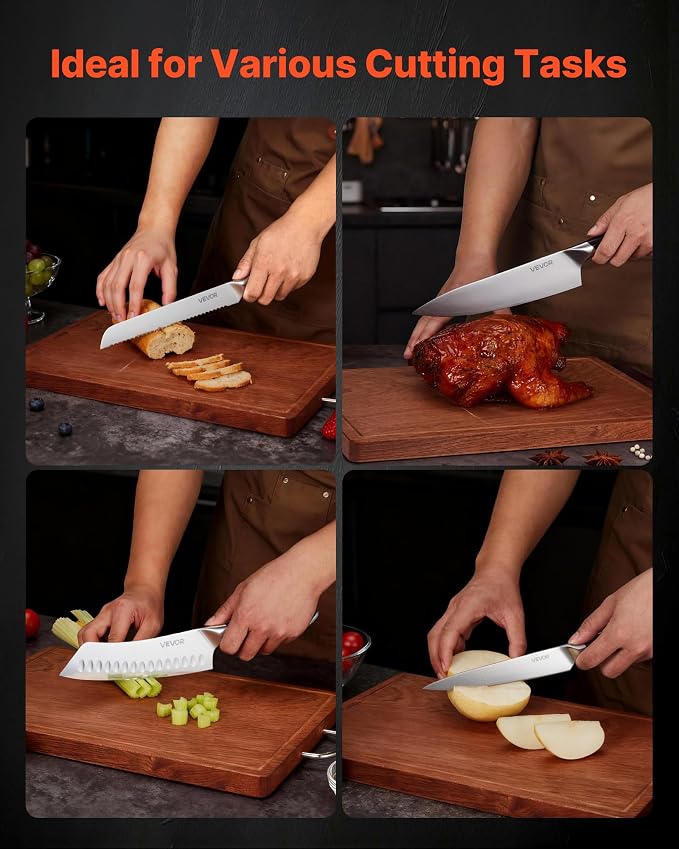 VEVOR Kitchen Knife Set, 6 Piece High Carbon Stainless Steel Sharp Knife Set, Professional Kitchen Cutlery with Ergonomic Crack-Resistant Handle, and Walnut Finish Powerful Magnetic Knives Holder