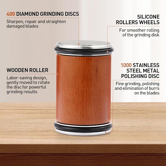 Rengue Rolling Knife Sharpener Kit, Diamond Coated Tool with N52 Super Magnetic 15° to 20° Angles Beech Wood Base 400/1000 Grit Grinding for Kitchen Knives Any Steel Hardness