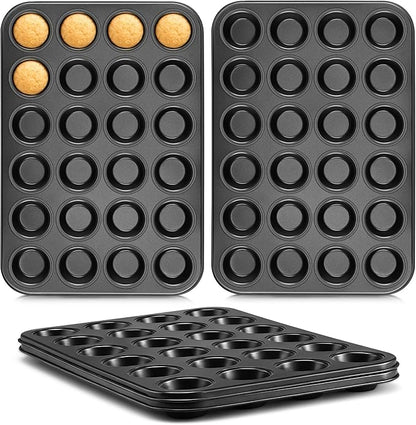 E-far 4 Pack Mini Muffin Pan 24-Cup - Nonstick Carbon Steel Cupcake Tin Tray for Little Bites & Freezer Prep | Warp-Free Bakeware Ensures Even Baking & Effortless Release, Regular Size & Oven Safe