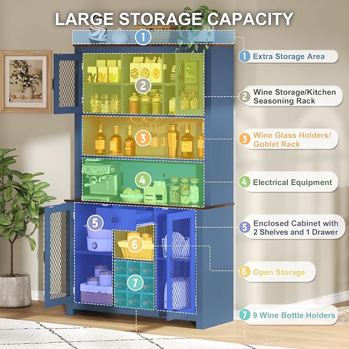 VilroCaz 70.9" Tall Farmhouse Kitchen Pantry Buffet Cabinet with Doors, Drawer and Shelves Wine Rack, Wooden Kitchen Hutch Cabinet with LED Outlets for Dining Room (Navy Blue-R)