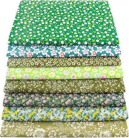 100% Cotton Fabric Bundle - 8 Pre-Cut Squares (20"x20"), Floral Pattern, Perfect for Beginners' Sewing, Quilting & Craft Projects - Green