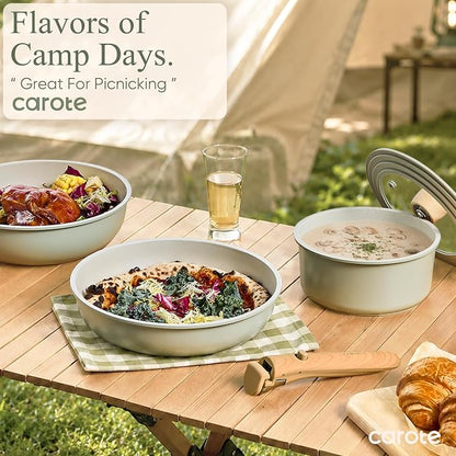 CAROTE Pots and Pans Set, Nonstick Cookware Set Detachable Handle, 19pcs Induction Kitchen Cookware Sets Non Stick with Removable Handle, RV Cookware Set, Oven Safe, Sage Green
