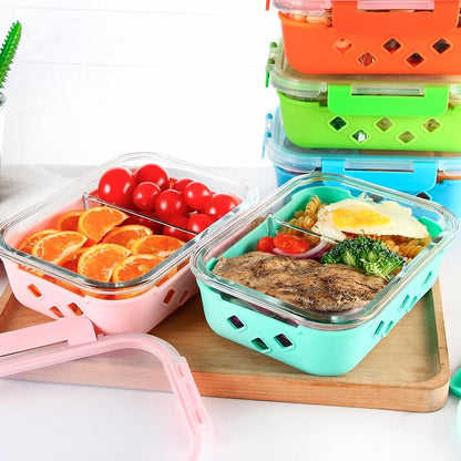 Divided Glass Storage Containers with Silicone Sleeve for Lunch, Glass Meal Prep Containers 2 Compartment with Lids (5 Pack, 34oz), Leak-Proof Portion Control Food Containers, Dishwasher Safe