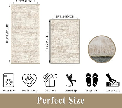 Kitchen Rugs Sets of 2, Washable Non-Slip Kitchen Mats for Floor, Stain Resistant Kitchen Runner Rugs for Kitchen Sink Laundry Entryway (Cream Beige, 2x3+2x4)