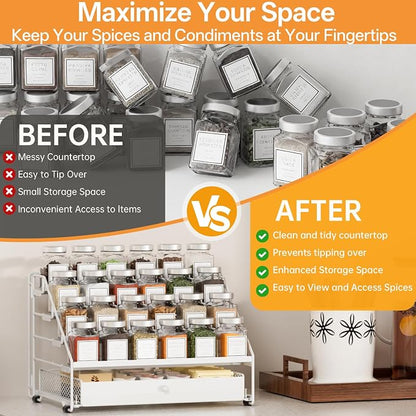 DTUQYX Spice Rack Organizer for Cabinet: 4 Tier Spice Organization with Drawer, Depth Adjustable Metal Shelf for Kitchen Countertop, Cupboard, Pantry, Holds Seasoning and Condiments (White)