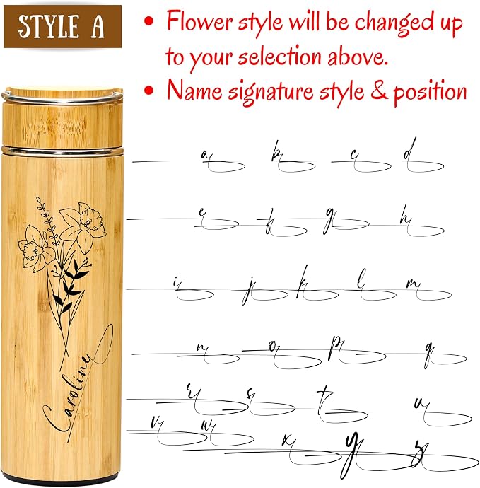 Custom Bamboo Water Bottle Personalized Bamboo Tumbler Engraved with Tea Infuser Insulated Bamboo Tea Infuser Mug Unique Gifts for Women, Mom, Coworkers (Birth Flower+Signature) (Style A)