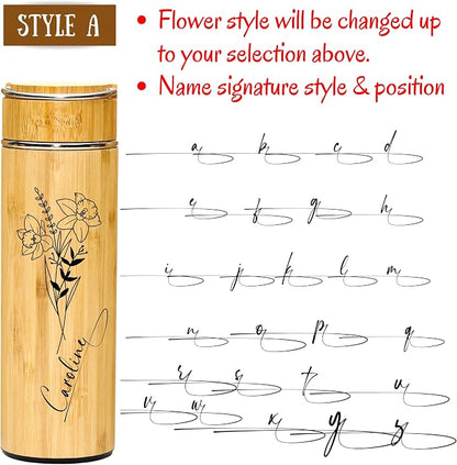 Custom Bamboo Water Bottle Personalized Bamboo Tumbler Engraved with Tea Infuser Insulated Bamboo Tea Infuser Mug Unique Gifts for Women, Mom, Coworkers (Birth Flower+Signature) (Style A)