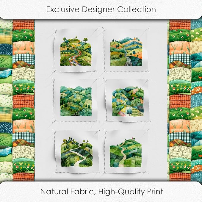 Patchwork Green Hills Cotton Fabric Panel – 6 Designs (10×10 inch Each) + Bonus Sheet 29.5×19.6 inch, 100% Cotton 140 GSM, Made in Türkiye