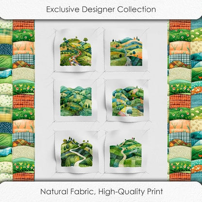 Patchwork Green Hills Cotton Fabric Panel – 6 Designs (10×10 inch Each) + Bonus Sheet 29.5×19.6 inch, 100% Cotton 140 GSM, Made in Türkiye