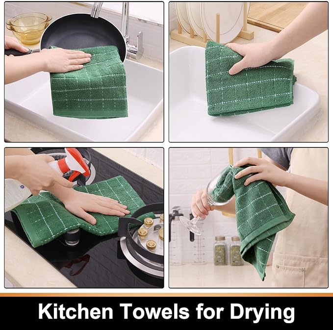 Mordimy 100% Cotton Terry Cloth Kitchen Towels, Super Soft and Absorbent Dish Towels for Drying, Checkered Designed Hand Towels for Kitchen, 16 x 26 Inches, 4 Pack, Grass Green