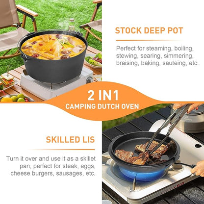 Camping Dutch Oven, 9 Qt Pre-Seasoned Cast Iron Camp Dutch Oven Pot with Lid - Lid Lifter, Cast Iron Dutch Oven with Metal Handle for Cooking BBQ Baking Campfire Modern Black