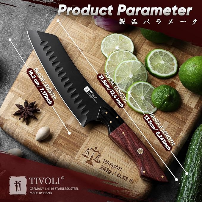 TIVOLI Santoku Knife 7 Inch - Japanese Chef Knife for Fish - Bunka Knives for Meat - Kiritsuke for Vegetables - Black Slicing Knives with Full Tang Handle - Cooking Gifts for Men and Women