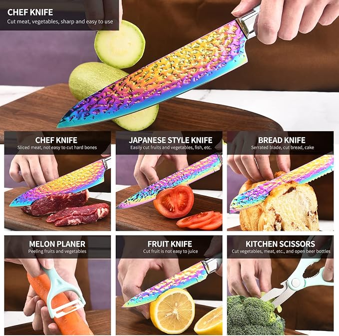Rainbow Knife Set, Kitchen Knives Set with Acrylic Block, Thick Blade Cutlery Knife Block Set, Chef Sharp Quality for Home & Pro Use, Best Gift (Teal Handle)