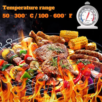Stainless Steel Oven Thermometer 50-300°C/100-600°F, Analog Instant Read, Battery-Free Kitchen Cooking Thermometer, Hook & Stand Design Food Thermometer for Oven, Grill, Smoker, Fryer