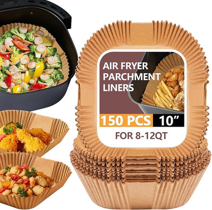 UBeesize XL 10 Inch Air Fryer Paper Liners,150 PCS Parchment Paper, Air Fryer Disposable Paper Liner for Microwave, Non-Stick Air Fryer Liners Square Free of Bleach （Bottom size 9 Inch）