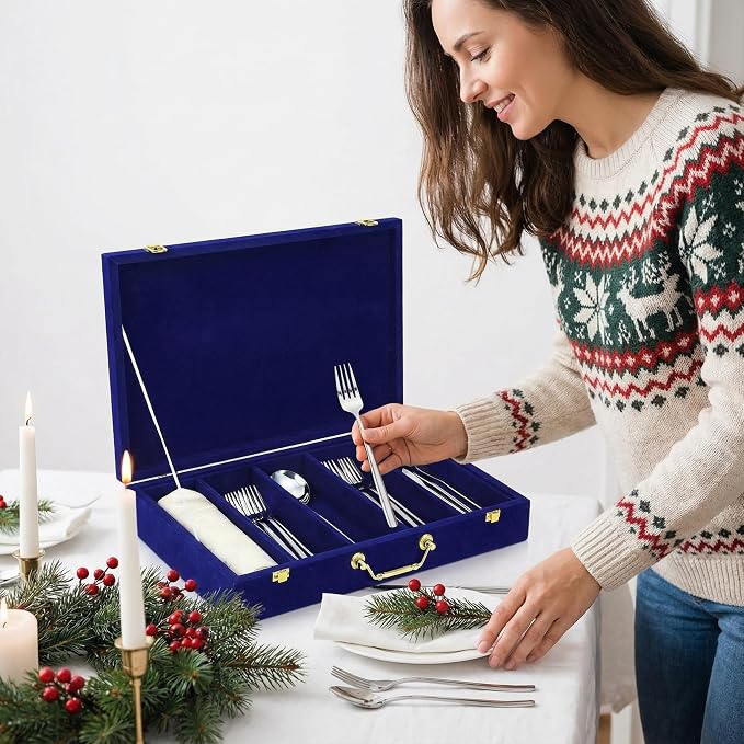 Pickmesh Silverware Case with Lid and Handle, Silverware Storage Box Sterling Silver Flatware Chest Without Silver Tarnish Proof Utensils Organizer for Kitchen Decor Wedding Gifts(Royal Blue,1 Layer)