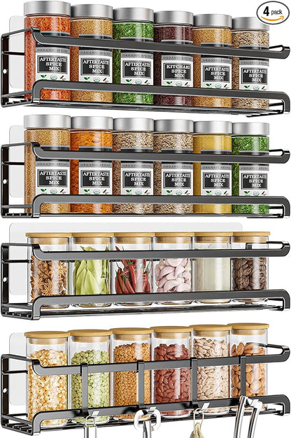 Bunoxea Spice Rack Wall Mounted 4 Pack, Black,For Spice Jars & Seasonings | 4 Removalble Hooks,Screw or Adhesive Hanging, Space-Saving,For Kitchen Cabinet, Pantry Door,Stove,RV Use,11.41x2.75x2.75in