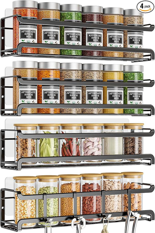Bunoxea Spice Rack Wall Mounted 4 Pack, Black,For Spice Jars & Seasonings | 4 Removalble Hooks,Screw or Adhesive Hanging, Space-Saving,For Kitchen Cabinet, Pantry Door,Stove,RV Use,11.41x2.75x2.75in