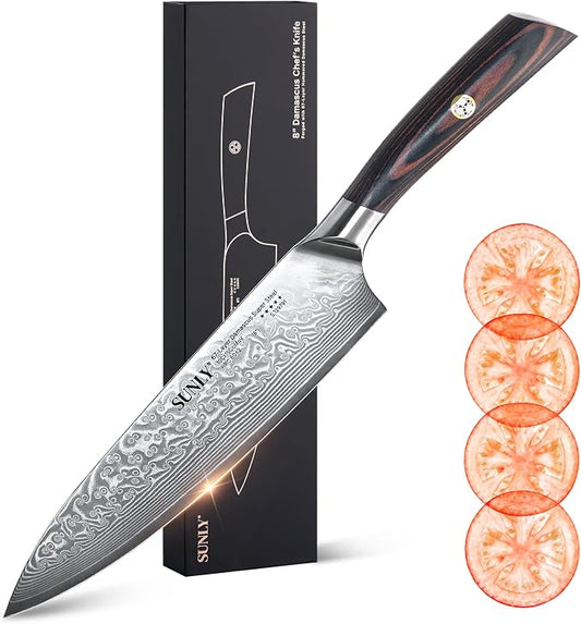 SUNLY Chef Knife, 8 Inch Damascus Kitchen Knife with Japanese VG10 Core, 67 Layer Steel, Sharp Chip Resistant Edge, Balanced Pakkawood Handle for Meat, Fruits, Vegetables, Gift for Father