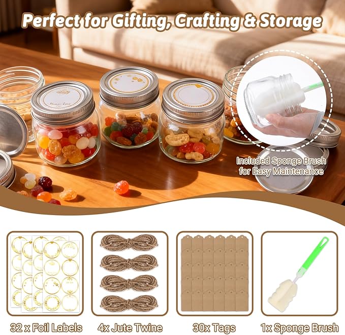STARSIDE 8 oz Glass Mason Jars with Airtight Lids and Bands,30 Pack with Labels &Tags, Half Pint Canning Jars for Honey, Jam, Candies, Jelly, Spice, DIY Crafts & Wedding Favors
