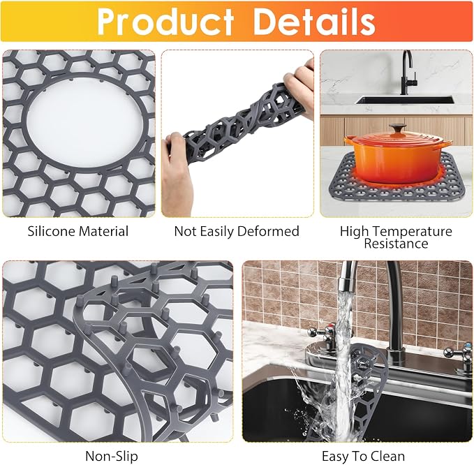 2PCS Silicone Sink Protectors for Kitchen Sink, 12.4" × 11.5" Silicone Sink Mat with 2 Filter Screen, Center Drain Hole, Heat Resistant Non-Slip, Dishwasher Suitable(Dark Gray)