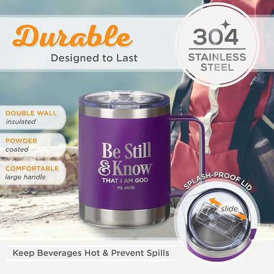 Christian Art Gifts Reusable Stainless Steel Double Wall Vacuum Insulated Camp Style Travel Mug w/Handle for Women: Be Still & Know Inspirational Bible Verse, BPA-free Retractable Lid, Purple, 11 oz.