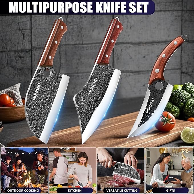 MDHAND Butcher Knife Set, 8PCS Hand Forged Serbian Chef Knife Set, Meat Cleaver Knife for Kitchen, Bone Chopper Knives & Viking Knives for Home & Outdoor Camping BBQ, Gift for Men