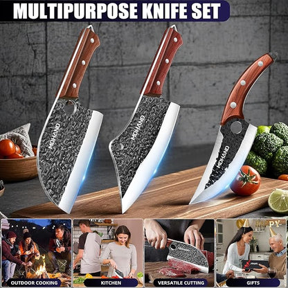 MDHAND Butcher Knife Set, 8PCS Hand Forged Serbian Chef Knife Set, Meat Cleaver Knife for Kitchen, Bone Chopper Knives & Viking Knives for Home & Outdoor Camping BBQ, Gift for Men