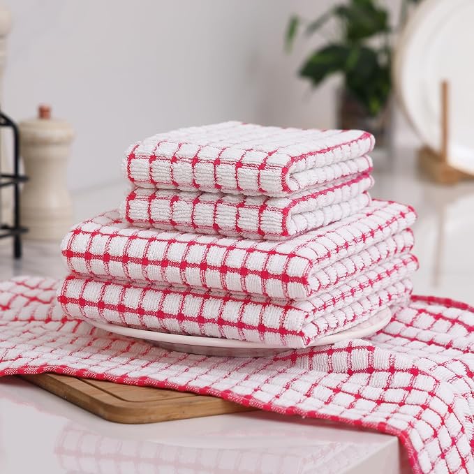 Homaxy Kitchen Towels and Dishcloths Set, 16 x 25 and 12 x 12 Inches, Set of 8 Cotton Terry Kitchen Dish Towels, Super Soft and Absorbent Dish Cloths, Red