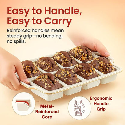 2-Pack Silicone Mini Loaf Pans for Baking Bread – 8-Cavity Nonstick Baking Molds with Metal-Reinforced Handles – BPA-Free, Odor-Resistant Silicone mini bread loaf pans for Cakes & Meatloaf – Cream