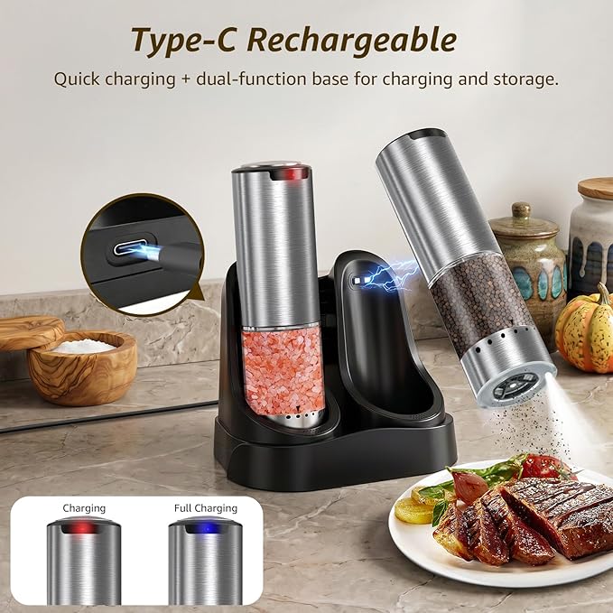 Electric Salt and Pepper Grinder Set Type-C Fast Charging, Automatic Salt and Pepper Shakers Adjustable Coarseness, Stainless Steel Rechargeable Salt and Pepper Grinder with LED Light